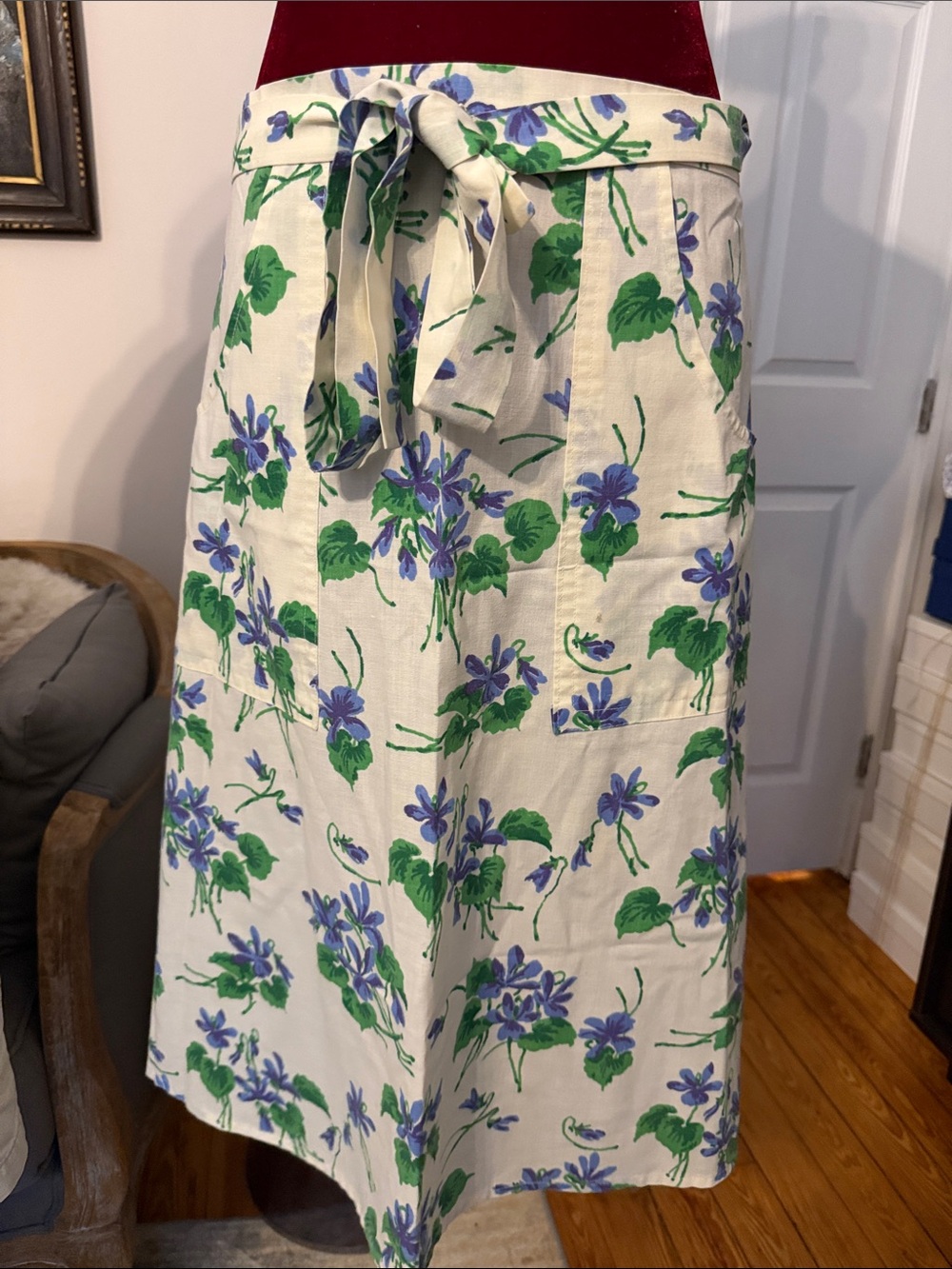 Ivory Floral Tie-Waist Skirt with Purple & Green Violets